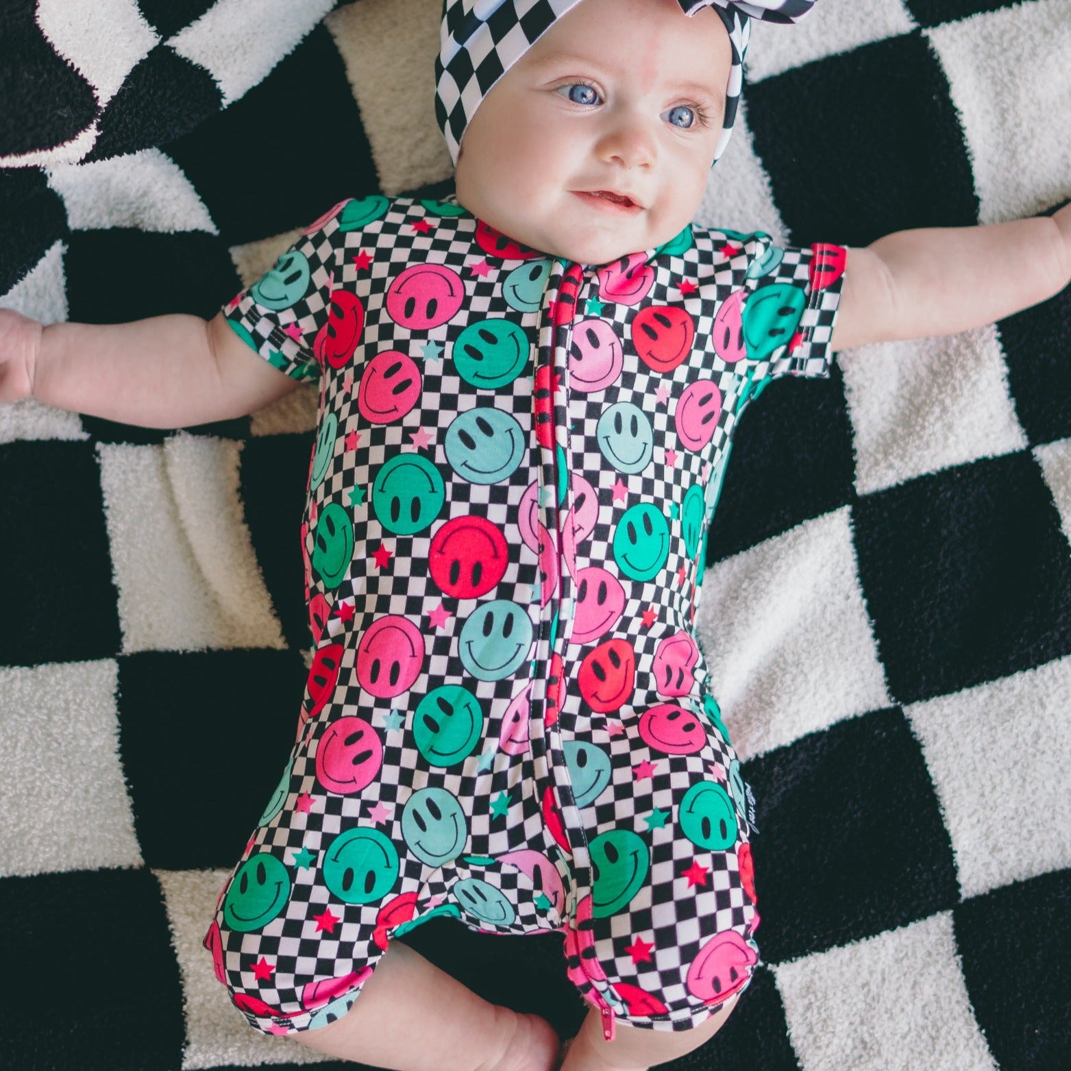 SHORTIE ZIP ROMPER - Pink Check Smile