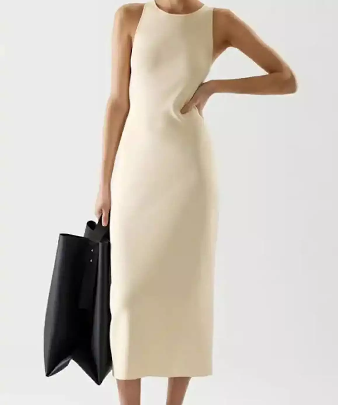 Slim Sleeveless Midi Knit Dress In Beige