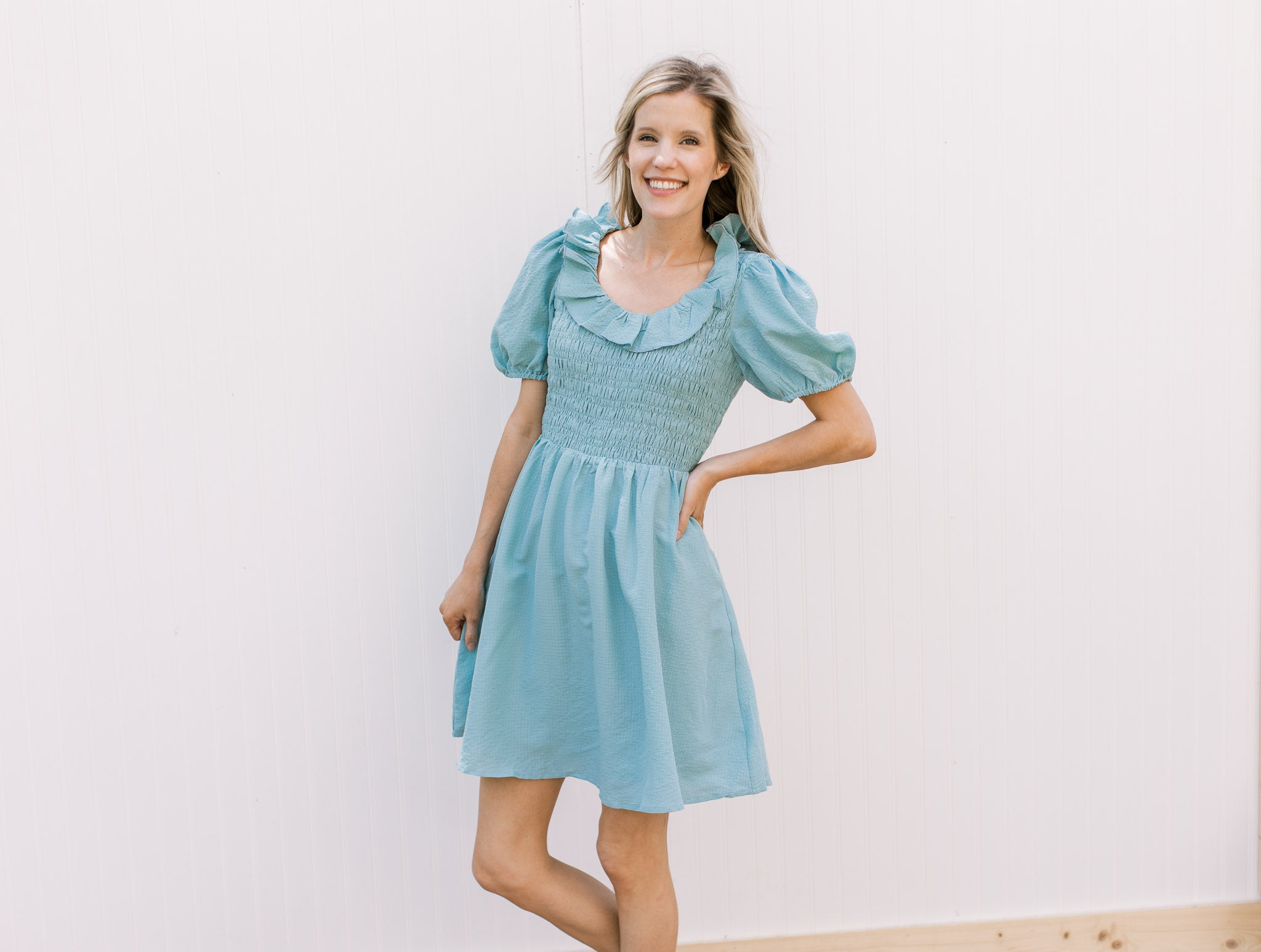 Soft Teal Smocked Ruffle Neck Dress