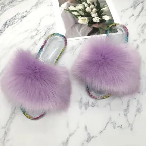 Summer Casual Taro Purple Synthetic Fur Crystal House Slippers for Women