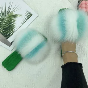 Summer Cotton Fluffy Real Fur Slides Flats House Slippers for Women