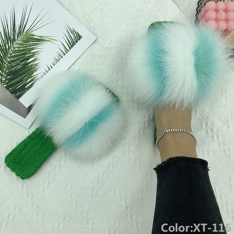 Summer Cotton Fluffy Real Fur Slides Flats House Slippers for Women