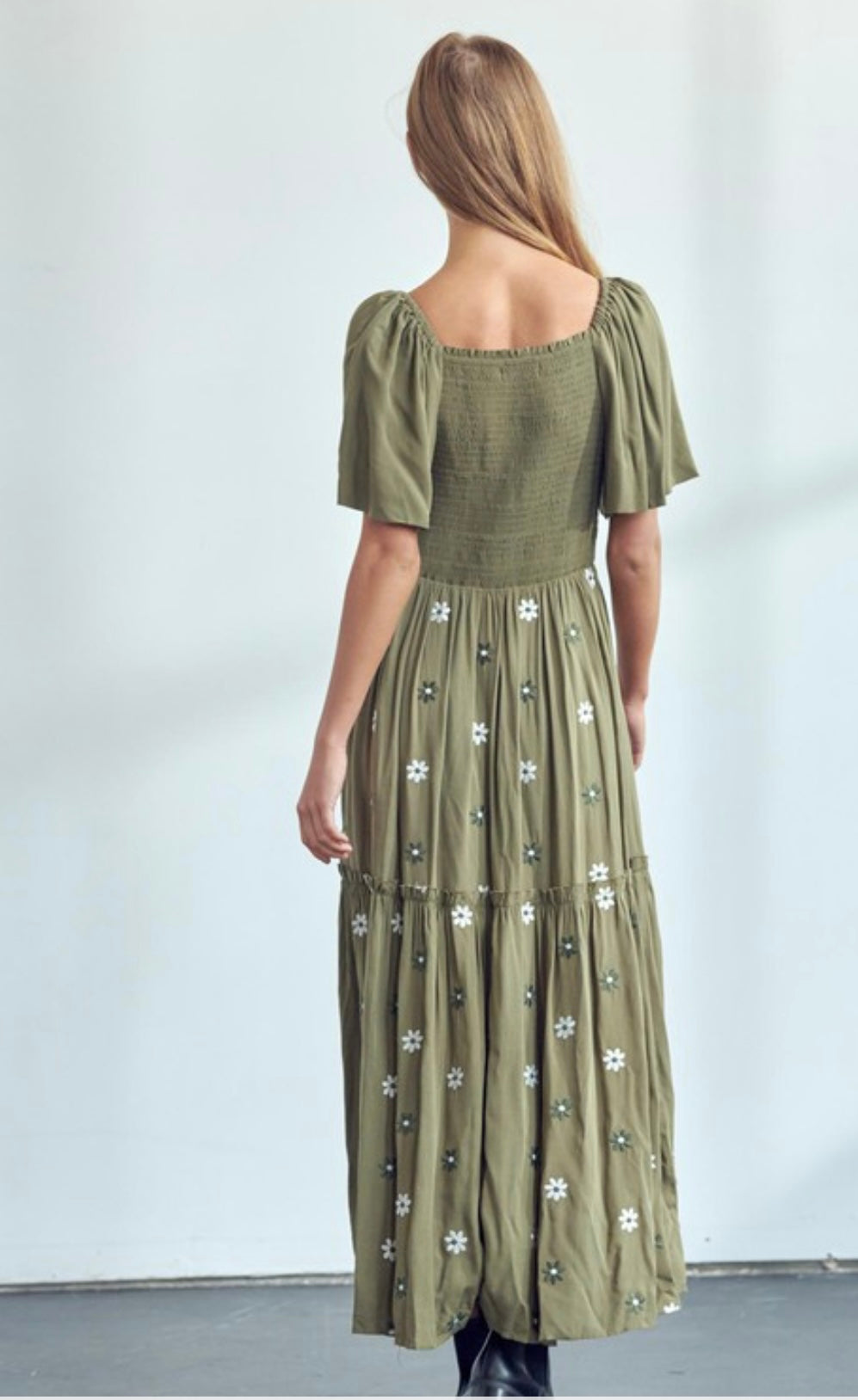 The Bridget Embroidered Flower Dress in Green and Cream