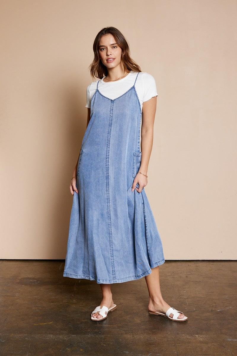 The Harley Pocket Detail Overall Dress in Denim Blue