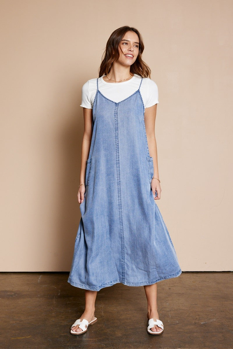 The Harley Pocket Detail Overall Dress in Denim Blue