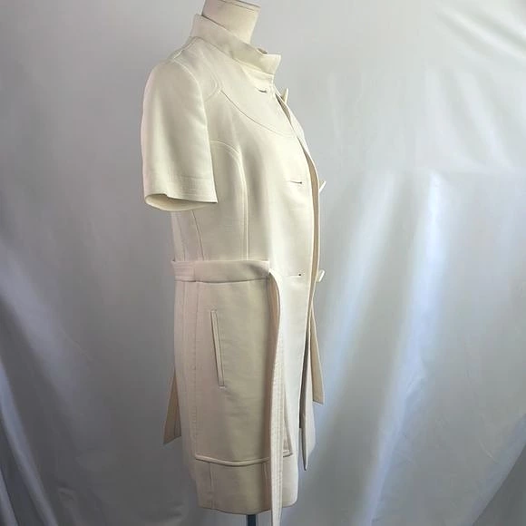 VintageCreamHi-Neck 3/4 Belted Jacket and Skirt