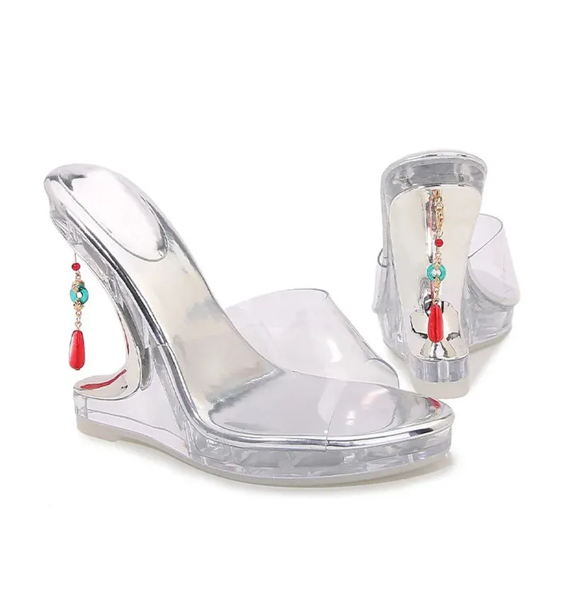 Women's Summer Gem Pendant Transparent Wedge Heel Open Toe Pumps