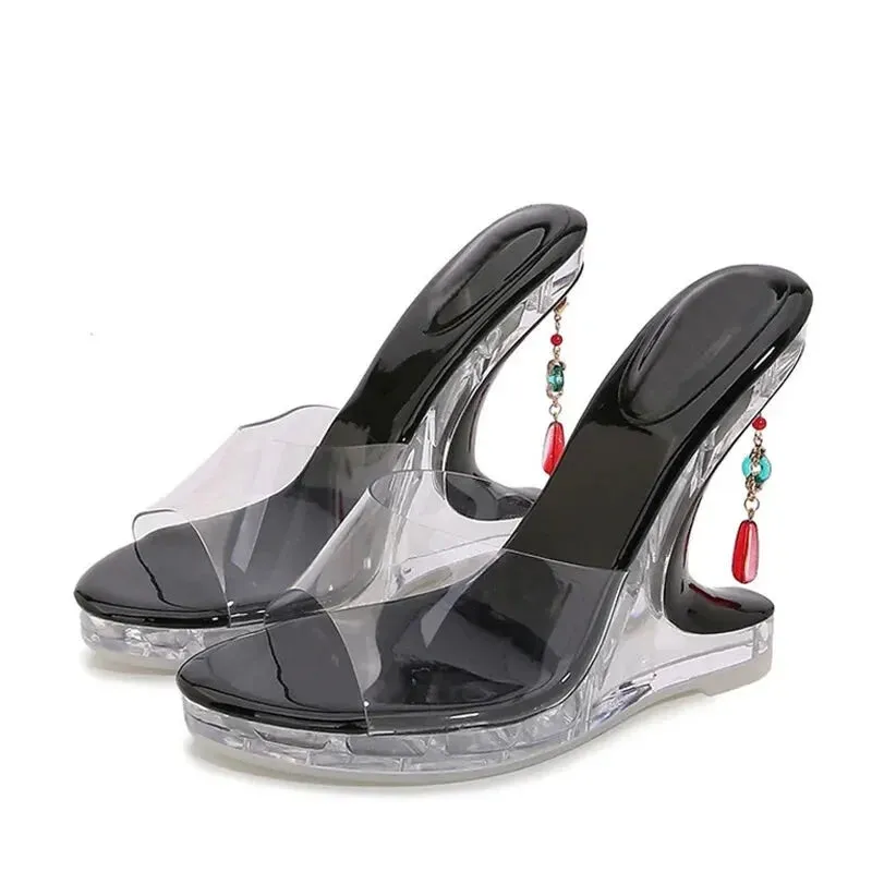 Women's Summer Gem Pendant Transparent Wedge Heel Open Toe Pumps