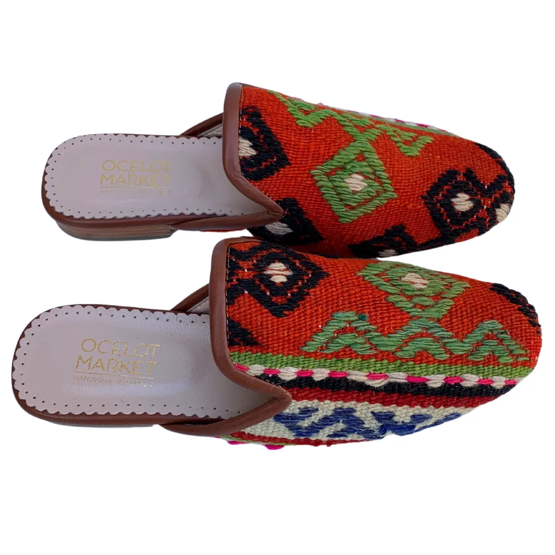 Women's Turkish Kilim Mules | Orange with Light Green